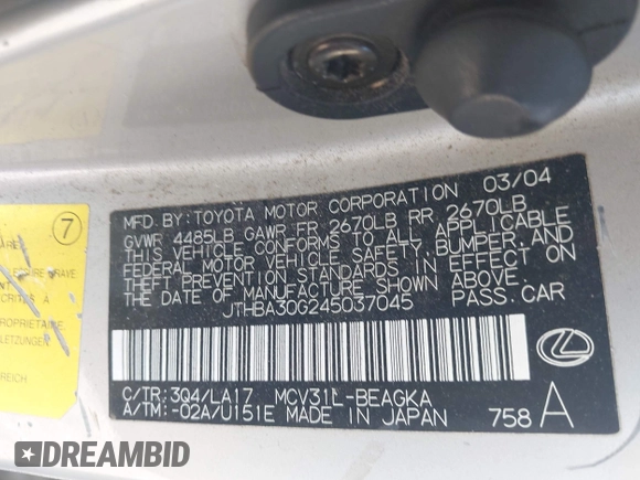 2004 Lexus ES 350 with VIN JTHBA30G245037045, listed as a IAAI auction lot 42794941 with 248,190 mi miles and . Bid and sale history available at DreamBid. Image 9.