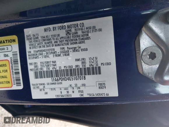 2016 Ford Fusion SE with VIN 1FA6P0HD4G5107018, listed as a IAAI auction lot 42403573 with 115,978 mi miles and . Bid and sale history available at DreamBid. Image 9.