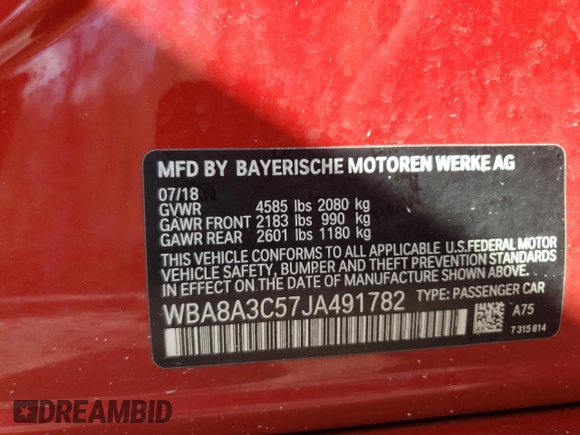 2018 BMW 3 Series 320i xDrive z VIN WBA8A3C57JA491782, wystawiony jako Copart lot #55271025 z przebiegiem 82 886 mil mil oraz Szkoda całkowita • Salvage title. Historia ofert i sprzedaży dostępna na DreamBid. Obrazek 13.