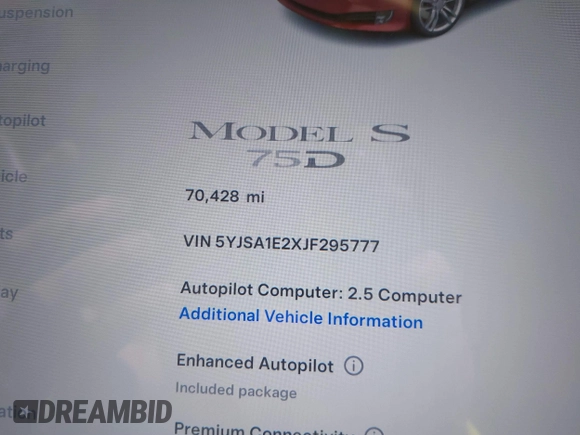 2018 Tesla Model S 75D with VIN 5YJSA1E2XJF295777, listed as a IAAI auction lot 41694540 with 70,428 mi miles and . Bid and sale history available at DreamBid. Image 16.