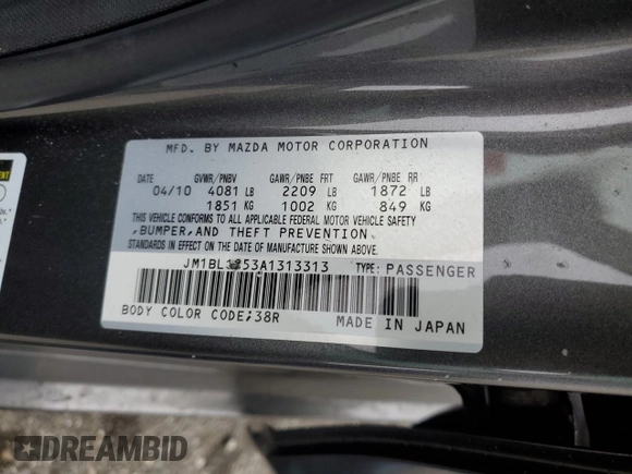 2010 Mazda 3 S Sport with VIN JM1BL1S53A1313313, listed as a Copart auction lot 85247594 with Not Provided miles and Salvage Title. Bid and sale history available at DreamBid. Image 13.