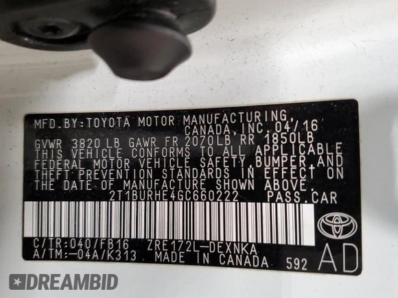2016 Toyota Corolla L with VIN 2T1BURHE4GC660222, listed as a Copart auction lot 56940025 with 77,968 mi miles and Non repairable. Bid and sale history available at DreamBid. Image 12.