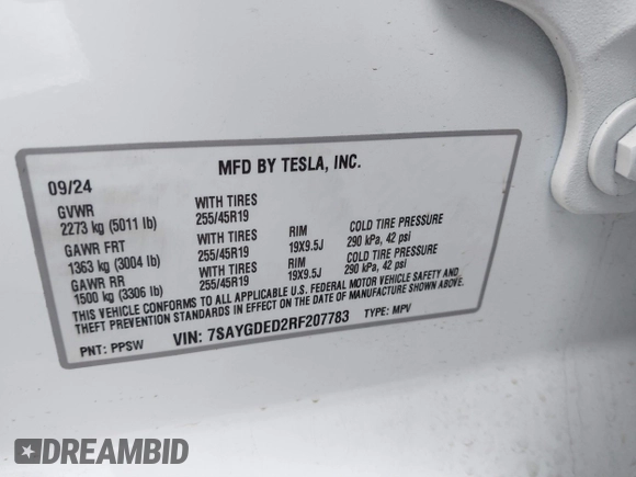 2024 Tesla Model Y with VIN 7SAYGDED2RF207783, listed as a IAAI auction lot 41758143 with Not Provided miles and . Bid and sale history available at DreamBid. Image 9.