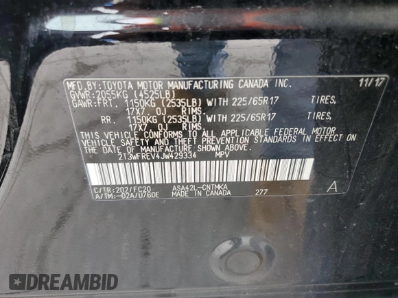 2018 Toyota RAV4 XLE with VIN 2T3WFREV4JW429334, listed as a Copart auction lot 56934855 with 117,761 mi miles and Salvage title. Bid and sale history available at DreamBid. Image 12.