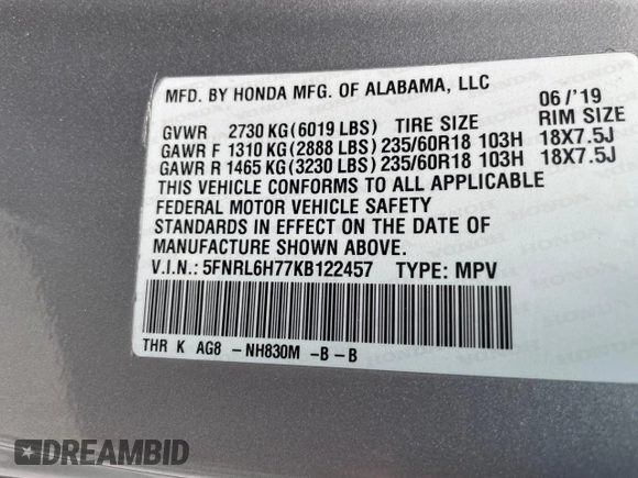 2019 Honda Odyssey EX-L with VIN 5FNRL6H77KB122457, listed as a Copart auction lot 55848825 with 62,462 mi miles and Salvage Title. Bid and sale history available at carsss.com. Image 10.