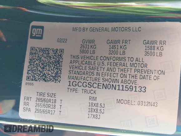 2022 Chevrolet Colorado 2WD LT with VIN 1GCGSCEN0N1159133, listed as a IAAI auction lot 41901155 with 31,113 mi miles and . Bid and sale history available at DreamBid. Image 9.