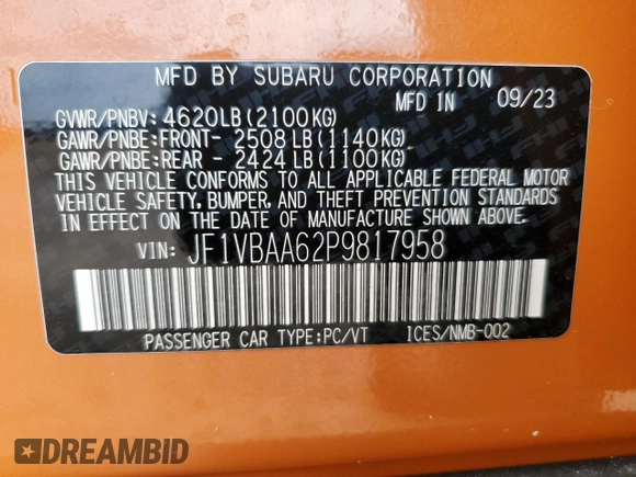 2023 Subaru WRX with VIN JF1VBAA62P9817958, listed as a Copart auction lot 56706275 with 17,717 mi miles and Salvage title. Bid and sale history available at DreamBid. Image 12.