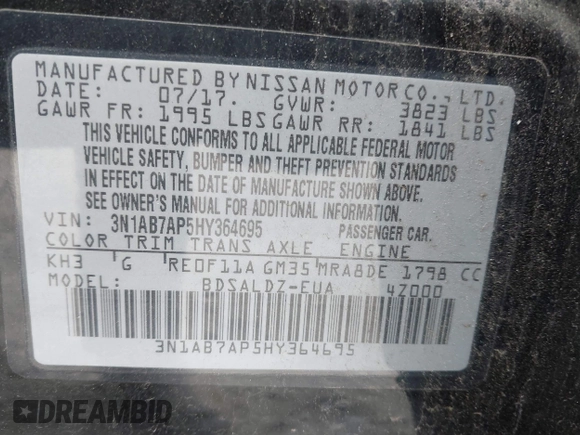 2017 Nissan Sentra SV with VIN 3N1AB7AP5HY364695, listed as a IAAI auction lot 42333318 with 91,257 mi miles and . Bid and sale history available at DreamBid. Image 9.