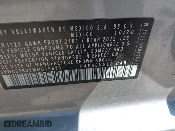 2021 Volkswagen Jetta S z VIN 3VWC57BU9MM015930, wystawiony jako IAAI lot #42020727 z przebiegiem 67 982 mil mil oraz . Historia ofert i sprzedaży dostępna na DreamBid. Obrazek 9.
