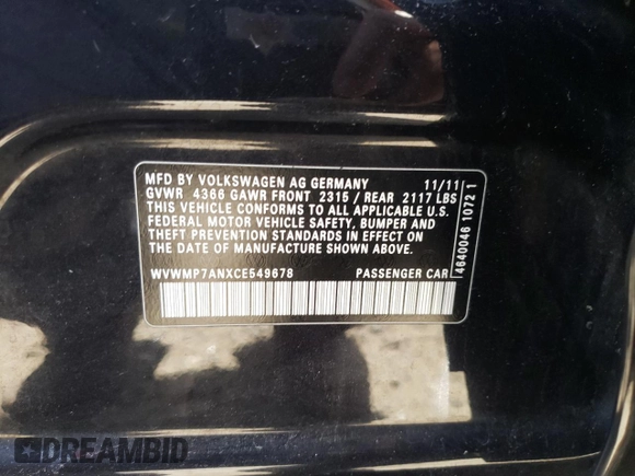 2012 Volkswagen CC Sport PZEV with VIN WVWMP7ANXCE549678, listed as a Copart auction lot 50047574 with 90,333 mi miles and Salvage Title. Bid and sale history available at carsss.com. Image 14.