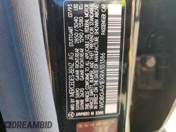 1994 Mercedes-Benz S with VIN WDBGA51EXRA151386, listed as a Copart auction lot 81561754 with 43,224 mi miles and Clean Title. Bid and sale history available at DreamBid. Image 12.