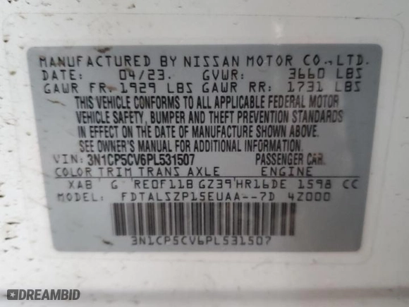 2023 Nissan Kicks SV with VIN 3N1CP5CV6PL531507, listed as a Copart auction lot 48348505 with 0 mi miles and Salvage Title. Bid and sale history available at carsss.com. Image 13.