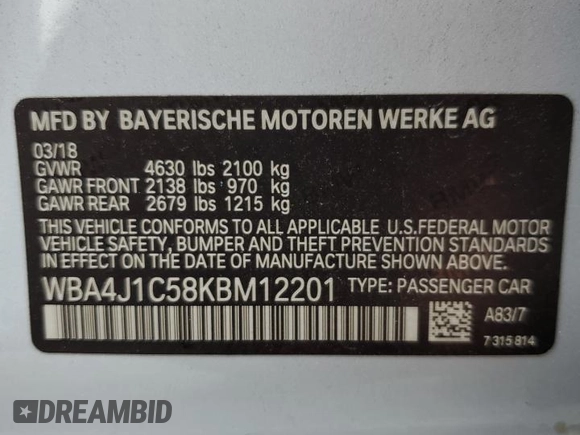 2019 BMW 4 Series 430i z VIN WBA4J1C58KBM12201, wystawiony jako Copart lot #54448715 z przebiegiem 68 574 mil mil oraz Szkoda całkowita • Salvage title. Historia ofert i sprzedaży dostępna na DreamBid. Obrazek 12.