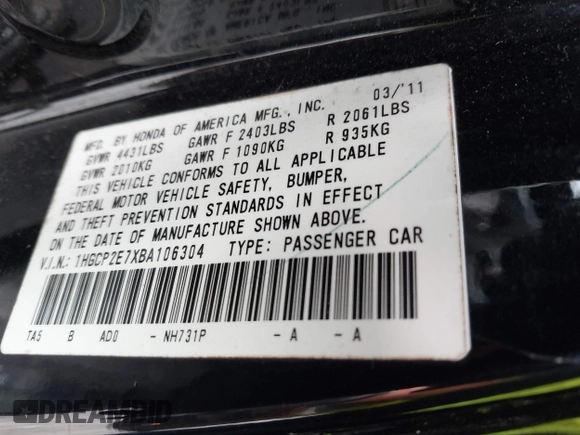 2011 Honda Accord EX with VIN 1HGCP2E7XBA106304, listed as a IAAI auction lot 42340649 with Not provided miles and . Bid and sale history available at DreamBid. Image 9.