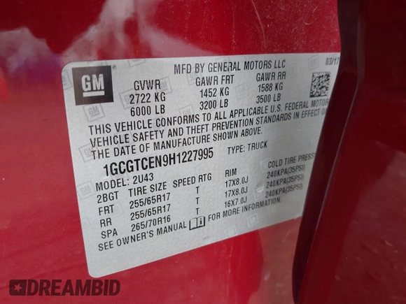 2017 Chevrolet Colorado 4WD LT with VIN 1GCGTCEN9H1227995, listed as a IAAI auction lot 42502064 with 61,271 mi miles and . Bid and sale history available at DreamBid. Image 9.