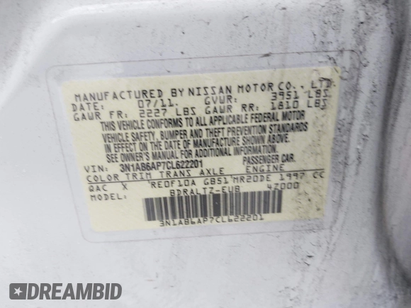 2012 Nissan Sentra SR z VIN 3N1AB6AP7CL622201, wystawiony jako IAAI lot #42336639 z przebiegiem 143 311 mil mil oraz . Historia ofert i sprzedaży dostępna na DreamBid. Obrazek 9.