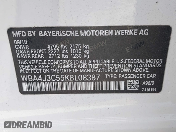 2019 BMW 4 Series 430i xDrive z VIN WBA4J3C55KBL08387, wystawiony jako IAAI lot #42248405 z przebiegiem 115 017 mil mil oraz . Historia ofert i sprzedaży dostępna na DreamBid. Obrazek 9.