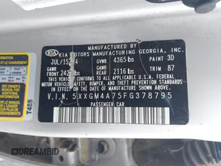 2015 Kia Optima LX with VIN 5XXGM4A75FG378795, listed as a IAAI auction lot 42604014 with 57,199 mi miles and . Bid and sale history available at DreamBid. Image 9.