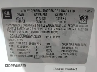 2016 Chevrolet Equinox LT z VIN 2GNALCEK0G6153378, wystawiony jako IAAI lot #42124329 z przebiegiem 110 589 mil mil oraz . Historia ofert i sprzedaży dostępna na DreamBid. Obrazek 9.