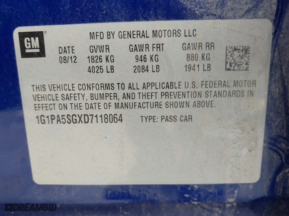 2013 Chevrolet Cruze LS with VIN 1G1PA5SGXD7118064, listed as a IAAI auction lot 41596937 with 89,529 mi miles. Bid and sale history available at carsss.com. Image 9.