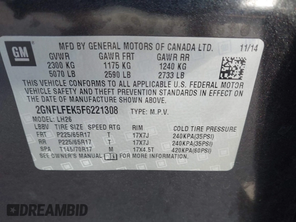 2015 Chevrolet Equinox LT with VIN 2GNFLFEK5F6221308, listed as a IAAI auction lot 41894617 with 112,088 mi miles. Bid and sale history available at carsss.com. Image 9.