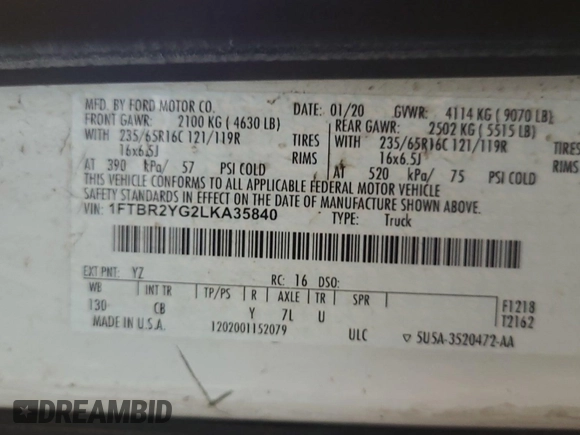 2020 Ford Transit Cargo with VIN 1FTBR2YG2LKA35840, listed as a IAAI auction lot 42631321 with 190,131 mi miles and . Bid and sale history available at DreamBid. Image 8.