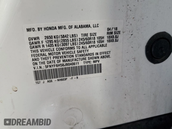 2018 Honda Pilot EX-L with VIN 5FNYF6H58JB040611, listed as a Copart auction lot 63614525 with 148,656 mi miles and Salvage title. Bid and sale history available at DreamBid. Image 13.