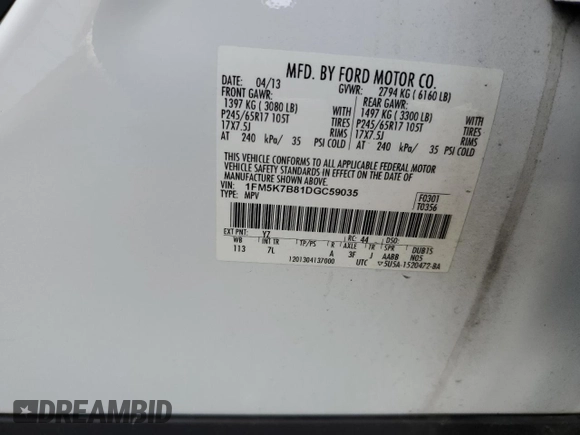 2013 Ford Explorer with VIN 1FM5K7B81DGC59035, listed as a Copart auction lot 55474215 with 86,549 mi miles and Non repairable. Bid and sale history available at DreamBid. Image 15.