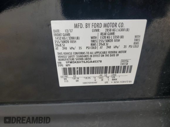 2018 Ford Explorer Platinum с VIN 1FM5K8HT6JGA45378, выставлен на аукционе Copart как лот 59234035 с пробегом 116 364 миль миль и Списание • Salvage title. История ставок и продаж доступна на DreamBid. Изображение 14.