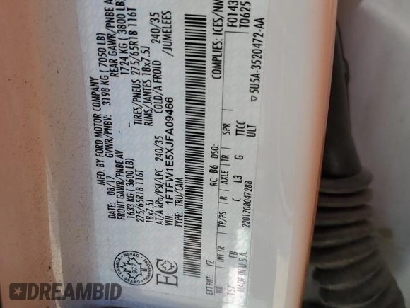 2018 Ford F-150 XL with VIN 1FTFW1E5XJFA09466, listed as a Copart auction lot 55461845 with 123,366 mi miles and Salvage title. Bid and sale history available at DreamBid. Image 12.