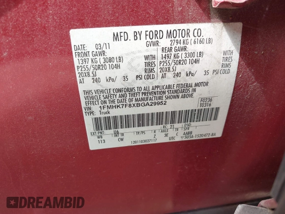 2011 Ford Explorer Limited с VIN 1FMHK7F8XBGA29952, выставлен на аукционе IAAI как лот 41846035 с пробегом 264 047 миль миль и . История ставок и продаж доступна на DreamBid. Изображение 9.