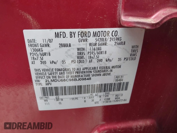 2008 Lincoln MKX with VIN 2LMDU68C98BJ09848, listed as a IAAI auction lot 42183618 with 105,847 mi miles and . Bid and sale history available at DreamBid. Image 9.