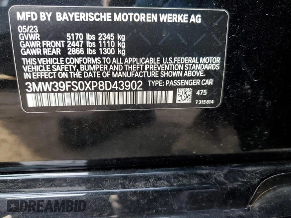 2023 BMW 3 Series 330e xDrive with VIN 3MW39FS0XP8D43902, listed as a Copart auction lot 80539264 with Not Provided miles and Non Repairable. Bid and sale history available at carsss.com. Image 12.