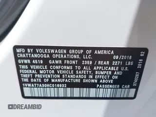 2017 Volkswagen Passat S with VIN 1VWAT7A30HC016932, listed as a IAAI auction lot 42611874 with 100,959 mi miles and . Bid and sale history available at DreamBid. Image 9.
