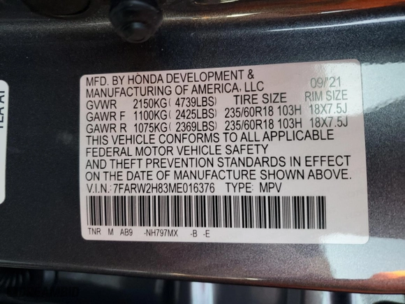 2021 Honda CR-V EX-L with VIN 7FARW2H83ME016376, listed as a Copart auction lot 83753834 with 76,286 mi miles and Salvage Title. Bid and sale history available at carsss.com. Image 13.