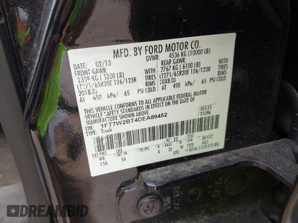 2013 Ford F-250 XL with VIN 1FT7W2BT4DEA89452, listed as a IAAI auction lot 42281039 with 152,533 mi miles and . Bid and sale history available at DreamBid. Image 9.