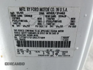2002 Ford F-150 XL with VIN 1FTRF17212KC77489, listed as a Copart auction lot 58442425 with Not provided miles and Non repairable. Bid and sale history available at DreamBid. Image 12.