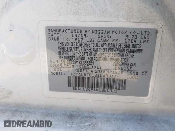 2019 Nissan Note SV with VIN 3N1CE2CP1KL366321, listed as a IAAI auction lot 42055552 with 107,078 mi miles and . Bid and sale history available at DreamBid. Image 9.