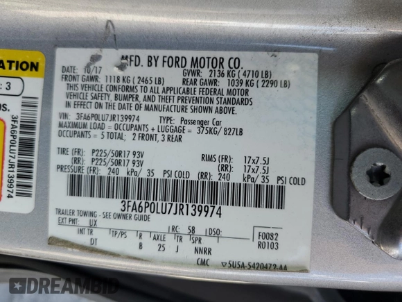 2018 Ford Fusion SE z VIN 3FA6P0LU7JR139974, wystawiony jako Copart lot #69819394 z przebiegiem 164 123 mil mil oraz Szkoda całkowita • Salvage title. Historia ofert i sprzedaży dostępna na DreamBid. Obrazek 12.