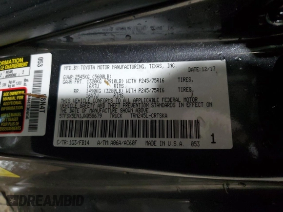 2018 Toyota Tacoma SR z VIN 5TFSX5EN1JX058679, wystawiony jako Copart lot #45236605 z przebiegiem 106 306 mil mil oraz Szkoda całkowita • Salvage title. Historia ofert i sprzedaży dostępna na DreamBid. Obrazek 14.