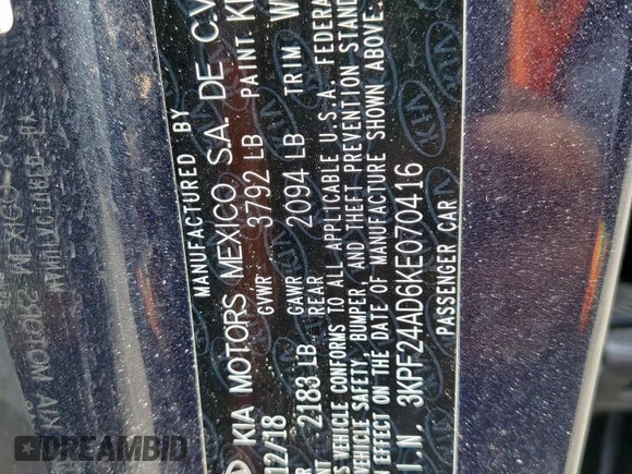 2019 Kia Forte LXS с VIN 3KPF24AD6KE070416, выставлен на аукционе Copart как лот 62209765 с пробегом 88 796 миль миль и Чистый • Clean title. История ставок и продаж доступна на DreamBid. Изображение 13.