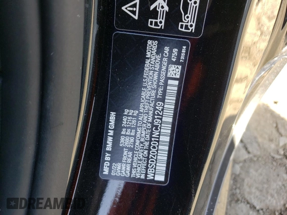 2022 BMW M8 Competition z VIN WBSDZ0C01NCJ91249, wystawiony jako Copart lot #49842513 z przebiegiem 6 187 mil mil oraz . Historia ofert i sprzedaży dostępna na DreamBid. Obrazek 12.
