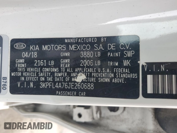 2018 Kia Forte LX with VIN 3KPFL4A76JE260688, listed as a Copart auction lot 44313295 with 123,884 mi miles and Salvage Title. Bid and sale history available at carsss.com. Image 12.