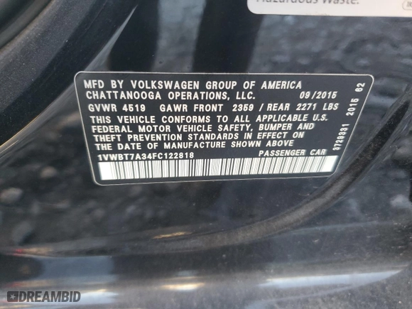 2015 Volkswagen Passat 1.8T Sport with VIN 1VWBT7A34FC122818, listed as a Copart auction lot 80027384 with 94,787 mi miles and Salvage Title. Bid and sale history available at carsss.com. Image 14.