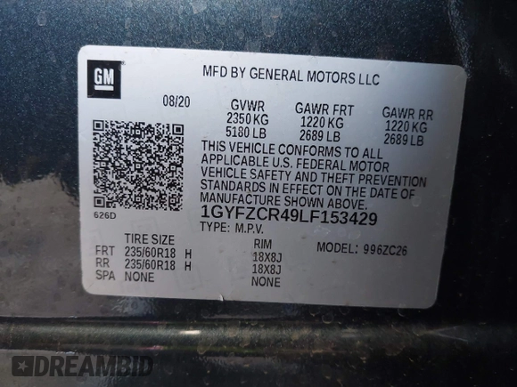 2020 Cadillac XT4 FWD Premium Luxury with VIN 1GYFZCR49LF153429, listed as a IAAI auction lot 42294239 with 45,450 mi miles and . Bid and sale history available at DreamBid. Image 9.