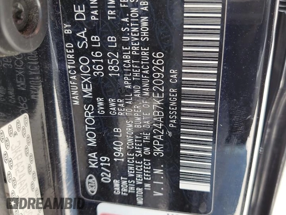 2019 Kia Rio S with VIN 3KPA24AB7KE209266, listed as a Copart auction lot 72054064 with 125,784 mi miles and Non Repairable. Bid and sale history available at DreamBid. Image 13.