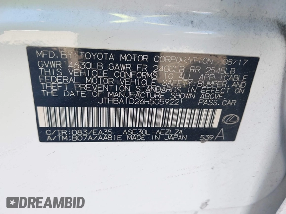 2017 Lexus IS 200t with VIN JTHBA1D26H5059221, listed as a IAAI auction lot 41940144 with 50,740 mi miles and . Bid and sale history available at DreamBid. Image 9.