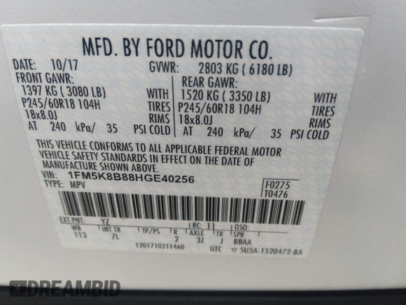 2017 Ford Explorer with VIN 1FM5K8B88HGE40256, listed as a IAAI auction lot 37524396 with 126,263 mi miles and . Bid and sale history available at DreamBid. Image 9.