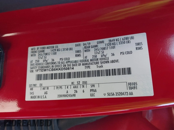 2019 Ford F-150 XL with VIN 1FTEW1CB6KKD50814, listed as a IAAI auction lot 41230911 with 35,600 mi miles and . Bid and sale history available at DreamBid. Image 9.