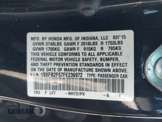 2015 Honda Civic LX with VIN 19XFB2F57FE236972, listed as a IAAI auction lot 42136355 with 114,230 mi miles and . Bid and sale history available at DreamBid. Image 9.
